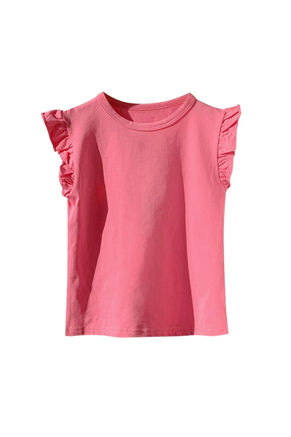 Girls T-shirts with Flutter, Summer Casual Cotton Crewneck Short Sleeve Tops Hot Pink Size 6-7T