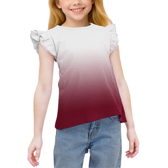 Cethrio Girls T-shirts with Ruffle, Casual Gradient Print Short Sleeve Pullover Summer Tops Wine Size 3-4 T