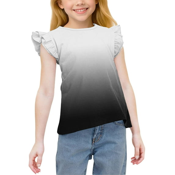 Cethrio Girls T-shirts with Ruffle, Casual Gradient Print Short Sleeve Soft Summer Tops Black Size 8