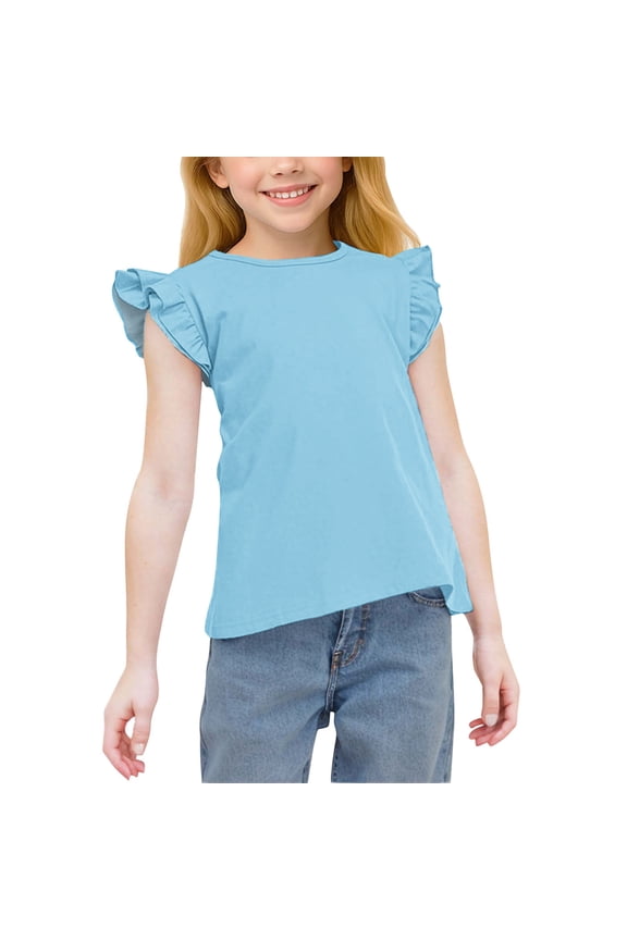 Girls T-shirts with Ruffle, Casual Soft Crew Neck Summer Short Sleeve Tops Blue Size 8