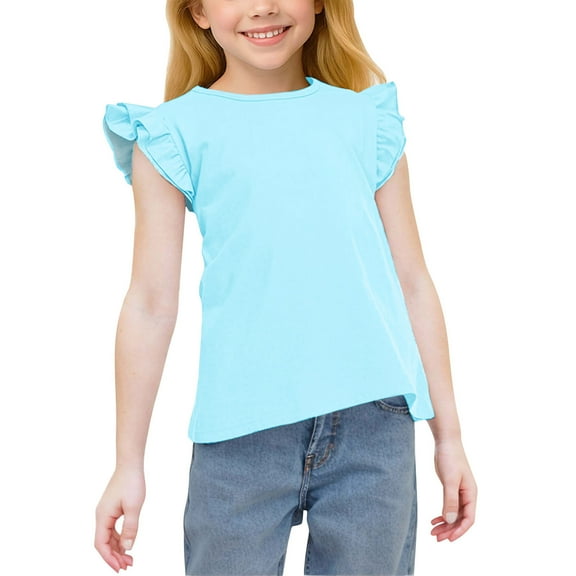 Cethrio Girls T-shirts with Ruffle, Casual Soft Crew Neck Summer Short Sleeve Tops Sky Blue Size 14-16