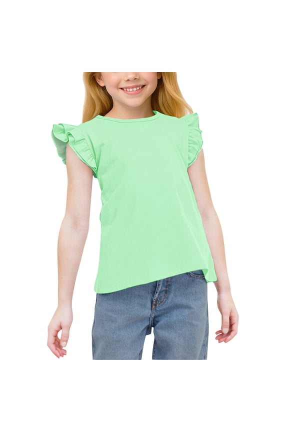 Girls T-shirts with Ruffle, Casual Soft Summer Crew Neck Short Sleeve Tops Green Size 10-12