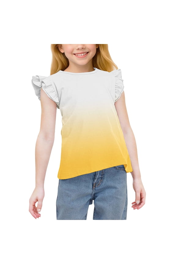 Girls T-shirts with Ruffle, Pullover Short Sleeve Casual Gradient Print Summer Tops Yellow Size 5T