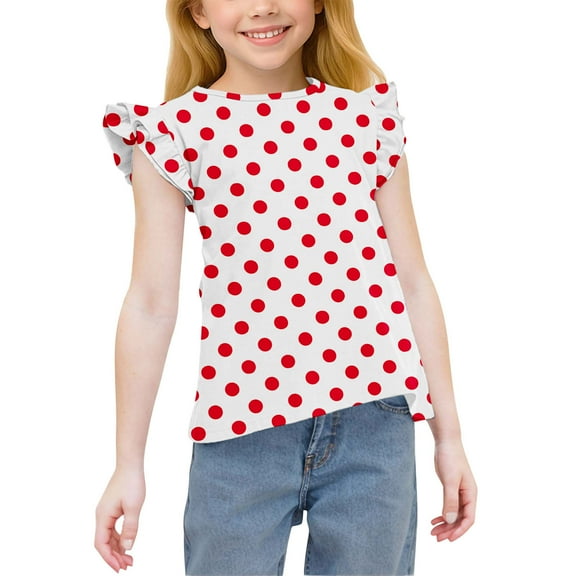 Cethrio Girls T-shirts with Ruffle, Short Sleeve Printed Pullover Casual Summer Tops Red Size 7-8