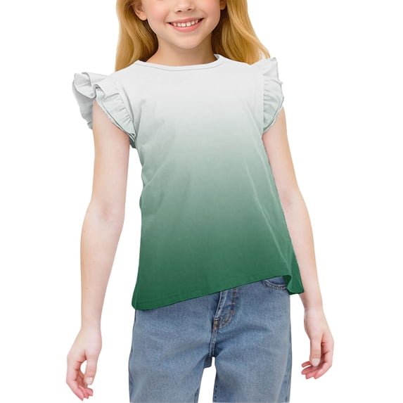 Cethrio Girls T-shirts with Ruffle, Soft Short Sleeve Gradient Print Casual Summer Tops Green Size 3-4 T