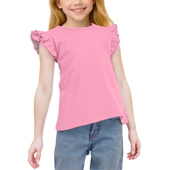 Cethrio Girls T-shirts with Ruffle, Summer Casual Soft Crew Neck Short Sleeve Tops Pink Size 14-16