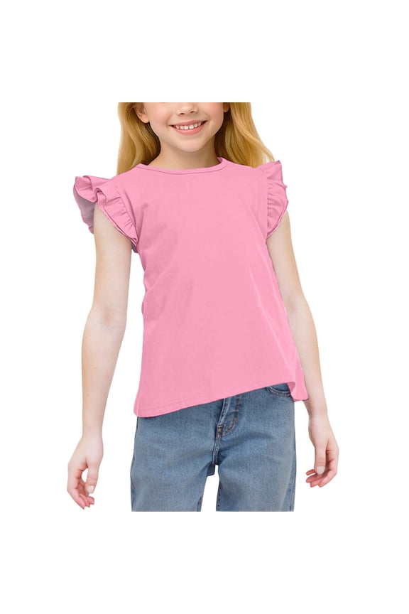 Girls T-shirts with Ruffle, Summer Casual Soft Crew Neck Short Sleeve Tops Pink Size 14-16