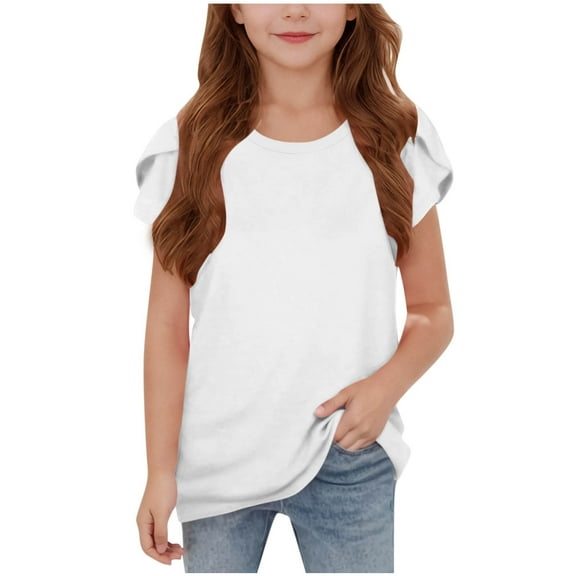 Cethrio Girls T-shirts with Ruffle, Summer Relaxed Fit Crewneck Casual Short Sleeve Tops White Size 7-8T