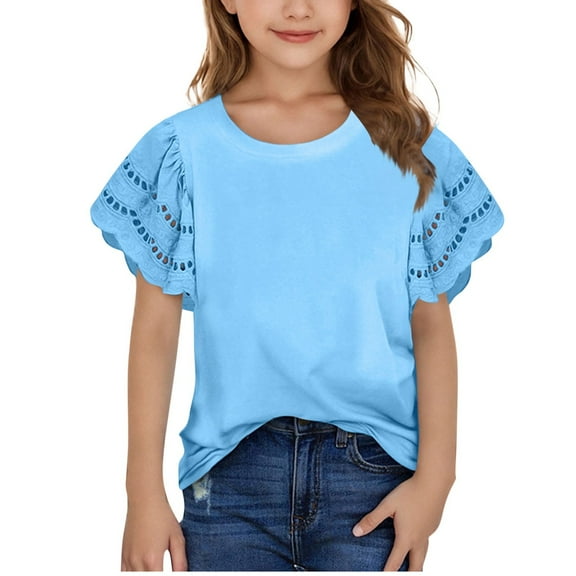Cethrio Girls T-shirts with Ruffled, Crewneck Summer Solid Color Short Sleeve Tops Sky Blue Size 7-8T
