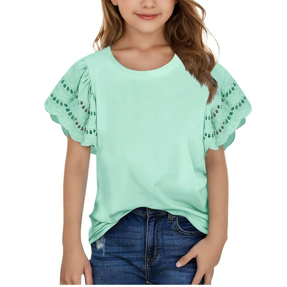 Cethrio Girls T-shirts with Ruffled, Summer Crewneck Solid Color Short Sleeve Tops Green Size 9-10T