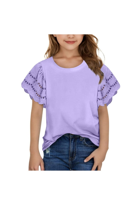 Girls T-shirts with Ruffled, Summer Crewneck Solid Color Short Sleeve Tops Purple Size 7-8T