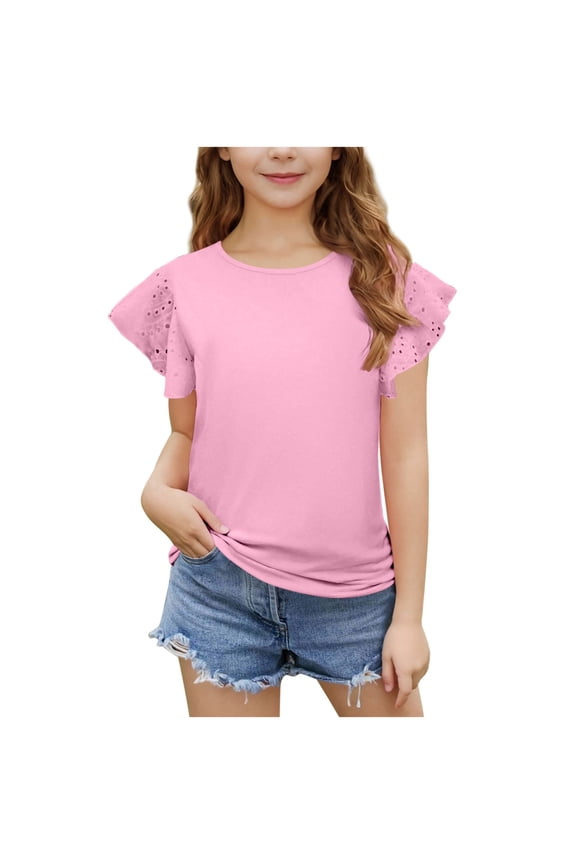 Girls T-shirts with Ruffled, Summer Fashion Solid Color Short Sleeve Tops Pink Size 9-10T