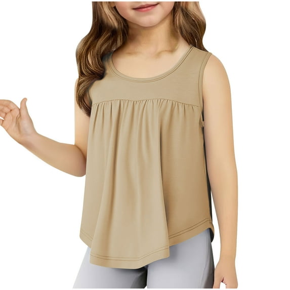 Cethrio Girls Tank Tops, Pleated Loose Casual Summer Sleeveless Shirts Khaki Size 11-12 T