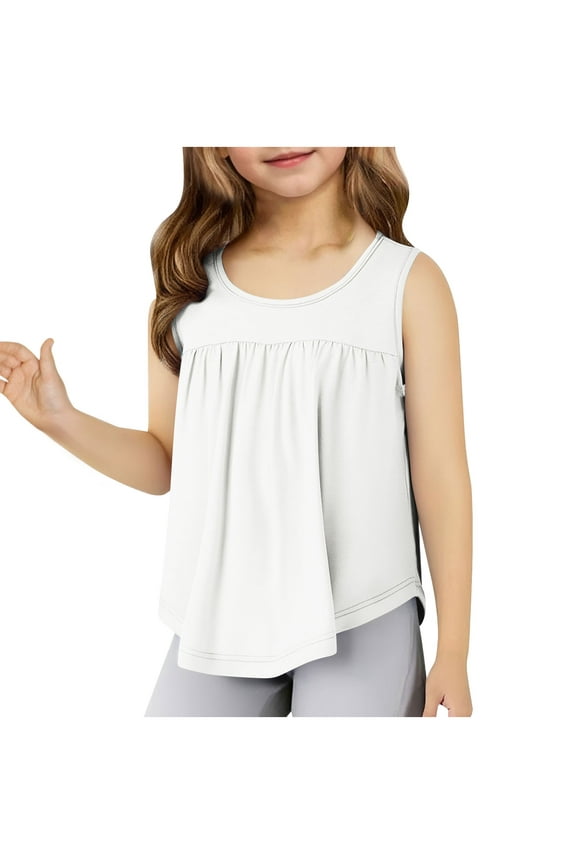 Girls Tank Tops, Pleated Summer Loose Casual Sleeveless Shirts White Size 9-10 T