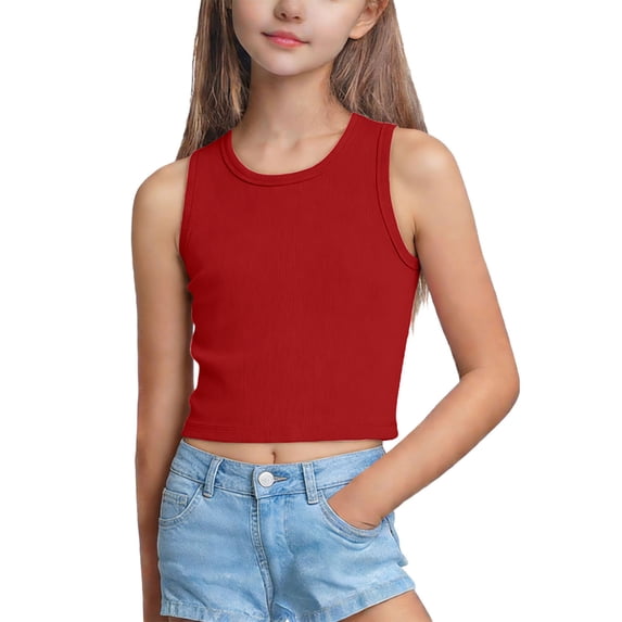 Cethrio Girls Tank Tops, Slim Fit Summer Knitting Cotton Crewneck Sleeveless T-shirts Wine Size 9-10T