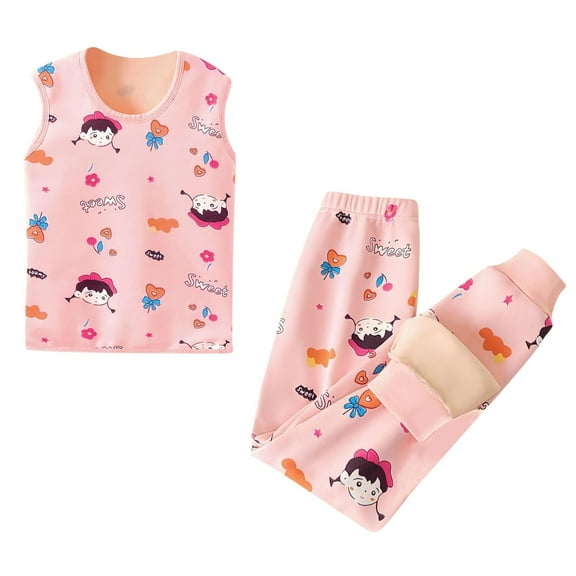 Cethrio Girls Thermal Pajama Sets, Sleeveless Warm 2 Piece Fall Winter Girls' Sleepwear Pink Size 10-12T
