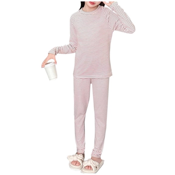 Cethrio Girls Thermal Pajama Sets, Two Piece Soft Long Sleeve Winter Sleepwear Loungewear Pink Size 14-16