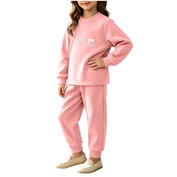 Cethrio Girls Thermal Sets, 2 Piece Casual Long Sleeve Fleece-lined Kids Pajama Sets Pink Size 10