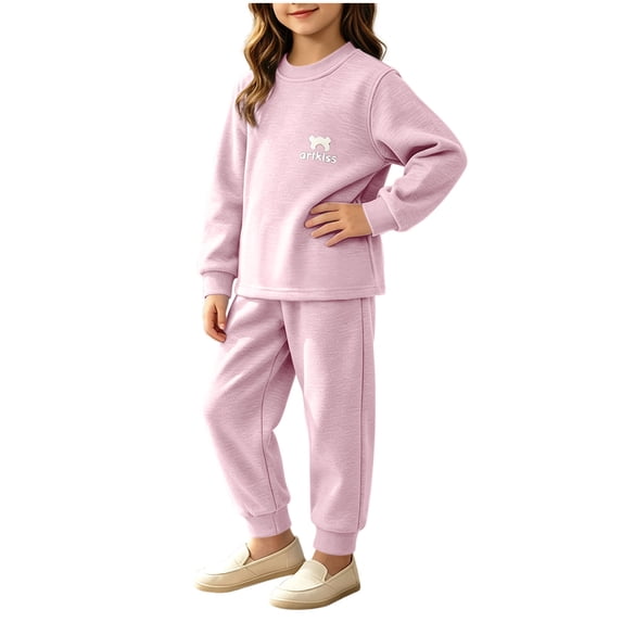 Cethrio Girls Thermal Sets, Casual 2 Piece Long Sleeve Fleece-lined Kids Pajama Sets Purple Size 5-6 T
