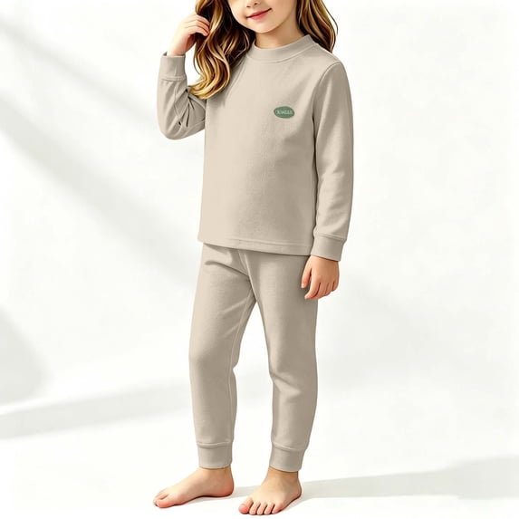 Cethrio Girls Thermal Sets, Fleece-lined Crewneck 2 Piece Long Sleeve Kids Pajama Sets Green Size 3-4 T