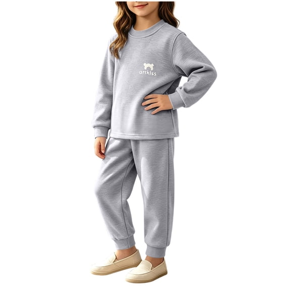 Cethrio Girls Thermal Sets, Long Sleeve 2 Piece Casual Fleece-lined Kids Pajama Sets Gray Size 2-3 T