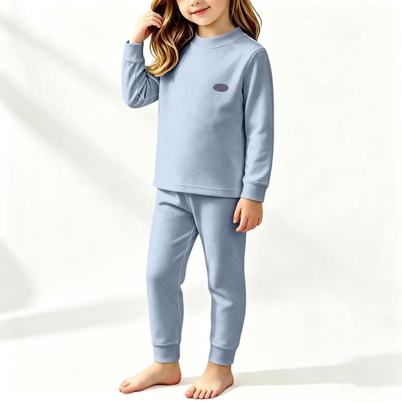 Cethrio Girls Thermal Sets, Long Sleeve Crewneck Fleece-lined 2 Piece Kids Pajama Sets Blue Size 10-11 T