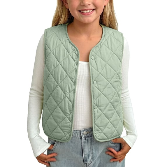 Cethrio Girls Thermal Vests, Front Button Lightweight Warm Sleeveless Winter Outerwear Green Size 9-10T