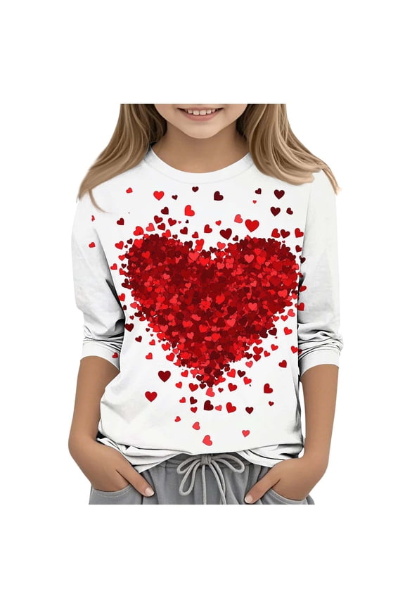 Girls Valentine's Day Tops, 3/4 Sleeve 2025 Crew Neck Casual Girls T-Shirts Red Size 7-8 T