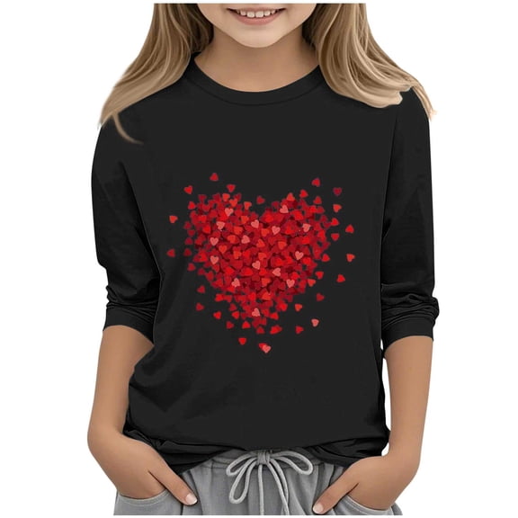 Cethrio Girls Valentine's Day Tops, 3/4 Sleeve Printed Casual Crew Neck Girls T-Shirts Black Size 10-12