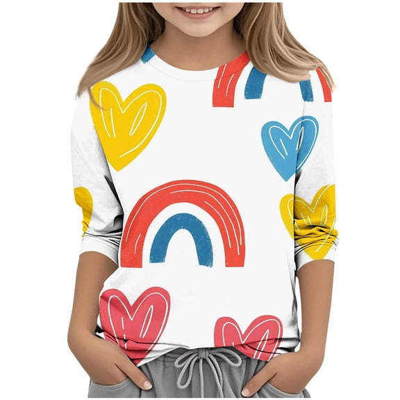 Cethrio Girls Valentine's Day Tops, Printed Crew Neck 3/4 Sleeve Casual Girls T-Shirts Yellow Size 9-10 T