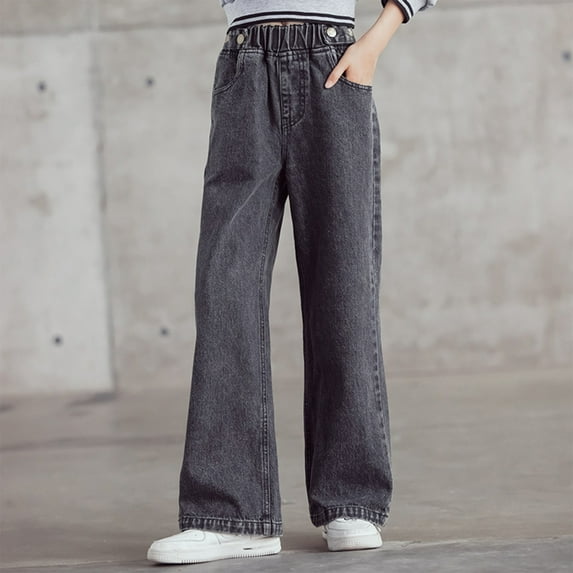 Cethrio Girls Wide Leg Jeans, Pocket Fashion Casual Elastic Waist Denim Pant Gray Size 8T