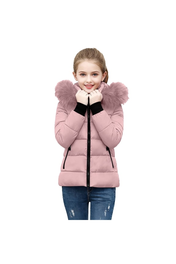 Girls Winter Coats, Long Sleeve Warm Zip up Windproof Winter Jackets with Hood Pink Size 6
