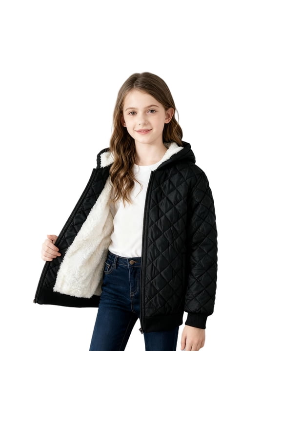 Girls Winter Coats, Warm Long Sleeve Plush Lining Zip up Winter Outerwear Black Size 10-12