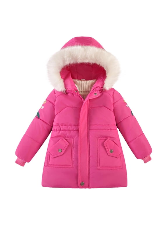 Girls Winter Coats, Windproof Zipper Thermal Hooded Jackets with Pockets Hot Pink Size 6-7 T