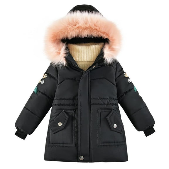 Cethrio Girls Winter Coats, Zipper Thermal Hooded Windproof Jackets with Pockets Black Size 6-7 T