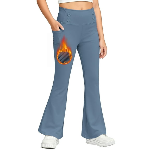 Cethrio Girls Winter Leggings, Dancing Stretch Elastic Waist Thermal Flare Pants with Pockets Blue Size 7-8