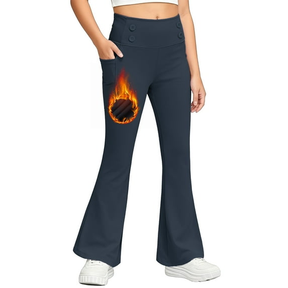 Cethrio Girls Winter Leggings, Stretch Thermal Elastic Waist Dancing Flare Pants with Pockets Navy Size 10