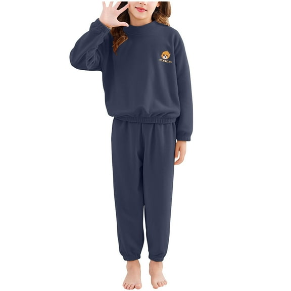 Cethrio Girls Winter Pajama Sets, 2 Piece Long Sleeve Fleece Thermal Girls Sleepwear Black Size 7-8