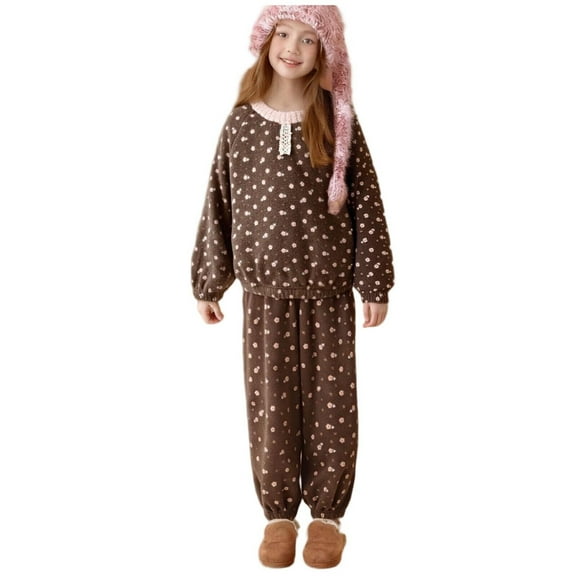 Cethrio Girls Winter Pajama Sets, Thermal Crewneck Long Sleeve Fleece Girls' Sleepwear Coffee Size 10-12