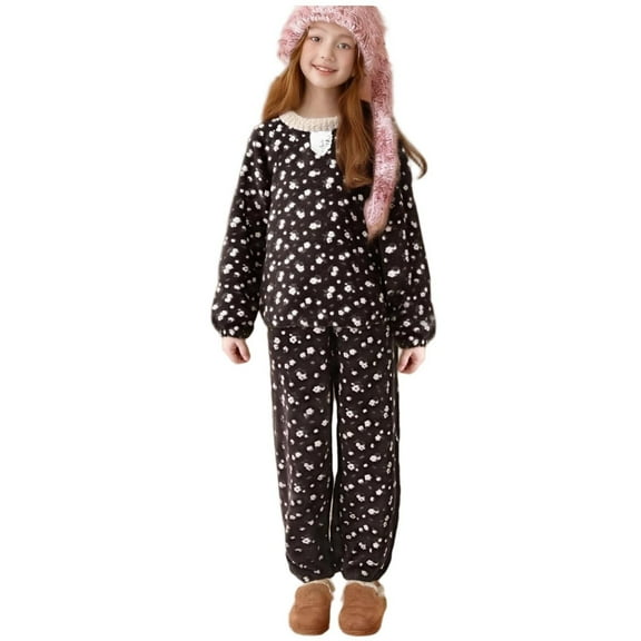 Cethrio Girls Winter Pajama Sets, Thermal Fleece Crewneck Long Sleeve Girls' Sleepwear Gray Size 10-12