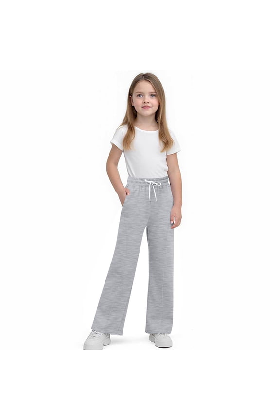 Girls Winter Sweatpants, Drawstring Open Bottom Thermal Straight Leg Athletic Pants Gray Size 10-12T
