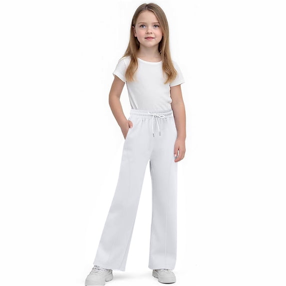 Cethrio Girls Winter Sweatpants, Drawstring Thermal Open Bottom Straight Leg Athletic Pants White Size 8