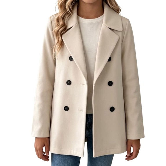 Cethrio Girls Wool Blend Peacoats Size 10-12, Double‑Breasted Casual Mid-length Warm Girls Winter Outerwear Beige