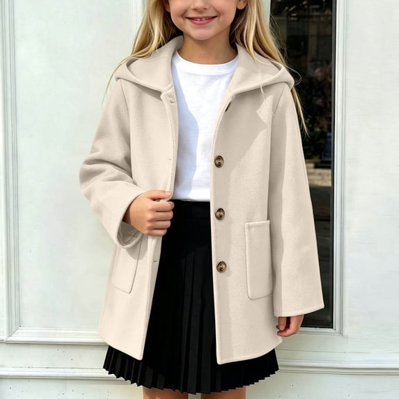 Cethrio Girls Wool Blend Peacoats Size 14-15 Years, Fashion Single‑Breasted Mid-length Warm Winter Outerwear with Pockets Beige