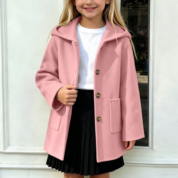 Cethrio Girls Wool Blend Peacoats Size 6-7 Years, Mid-length Warm Fashion Single‑Breasted Winter Outerwear with Pockets Pink