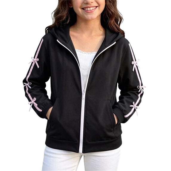 Cethrio Girls Zip up Hoodies, Casual School Spring Fall Long Sleeve Fall Jackets with Pockets Black Size 14-15T