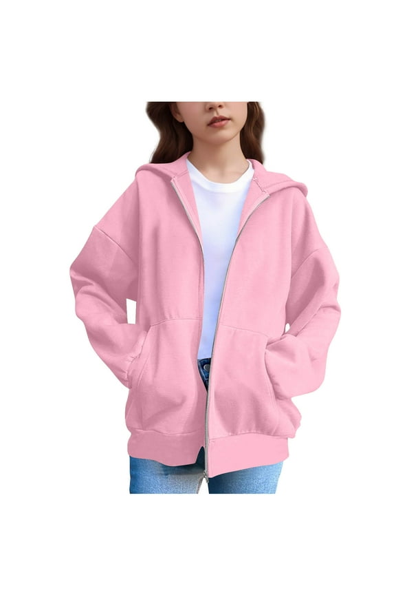 Girls Zip up Hoodies, Hooded Spring Fall Long Sleeve Casual Sweatshirts with Pockets Pink Size 5-16T
