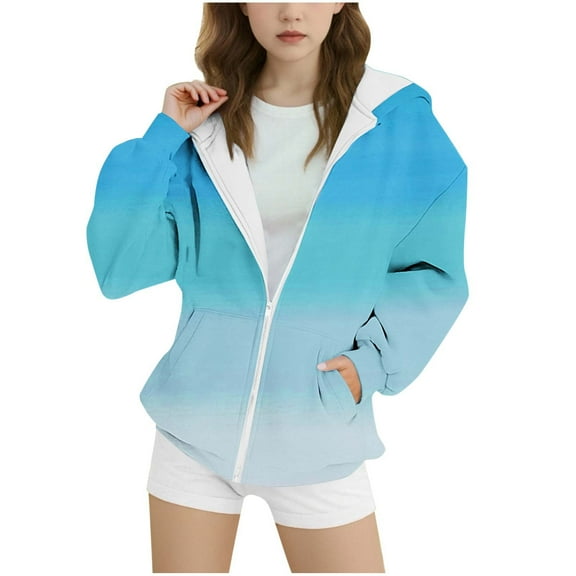 Cethrio Girls Zip up Hoodies, Long Sleeve Gradient Print Casual Loose Fit Girls Sweatshirts Light Blue Size 10-12