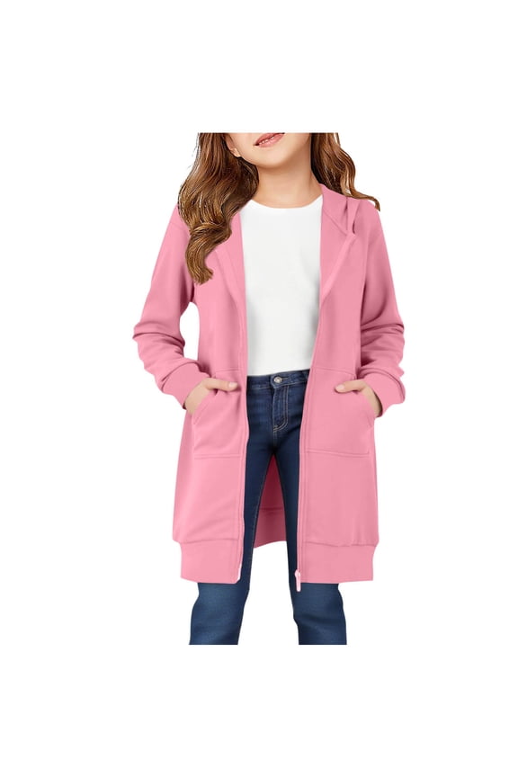Girls Zip up Hoodies Size 10-12, Long Sleeve Casual Mid-length Fall Jackets with Pockets Pink