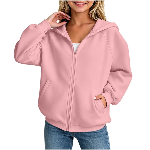 Cethrio Girls Zip up Hoodies Size 14, Lightweight Spring Fall Long Sleeve Casual Girls Jackets with Pockets Pink